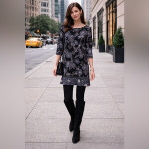 Nine West floral tunic dress black gray size 4